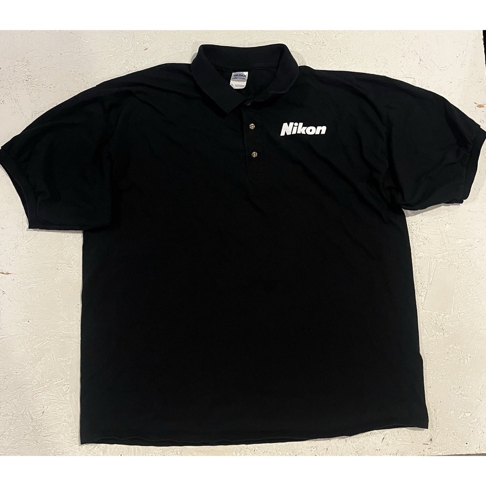 Vintage Nikon Camera Polo Shirt Spellout Mens 2XL Black Short Sleeve‎ Photo